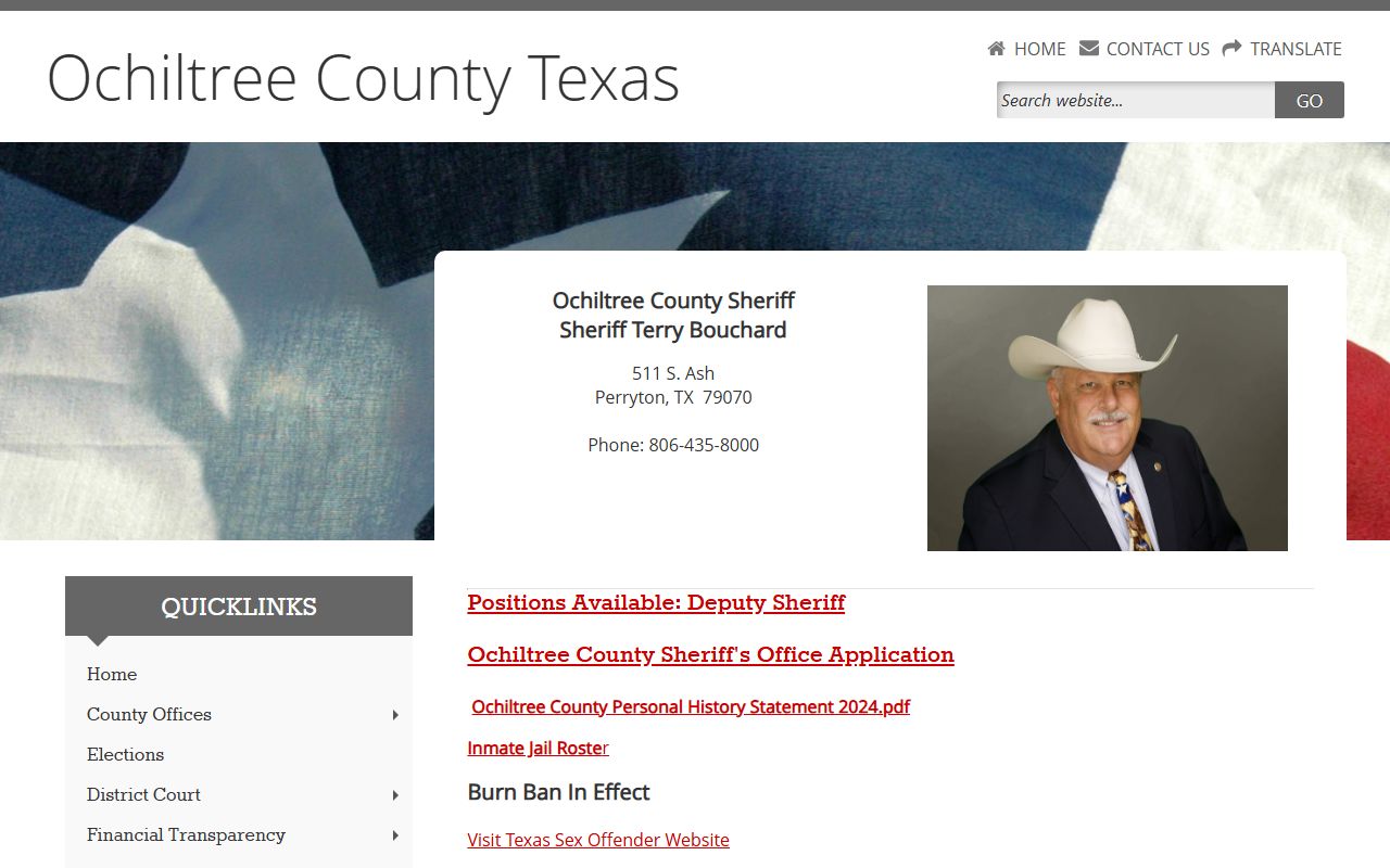 Ochiltree County Jail sheriff page and inmate roster link